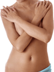 Front view of woman’s bare, fit torso as she has her arms across her chest and her hands resting on her shoulders.