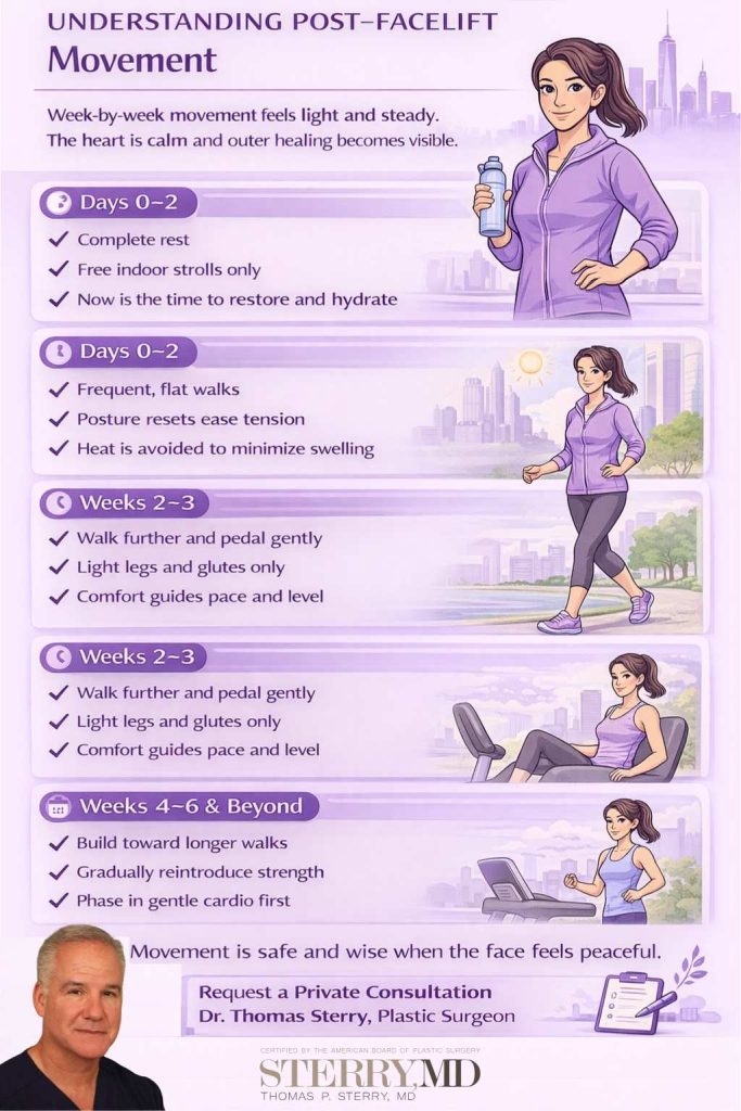 Understanding Post-Facelift Movement Infographiics - Exercise after facelift recovery timeline explained by NYC plastic surgeon Dr. Thomas Sterry